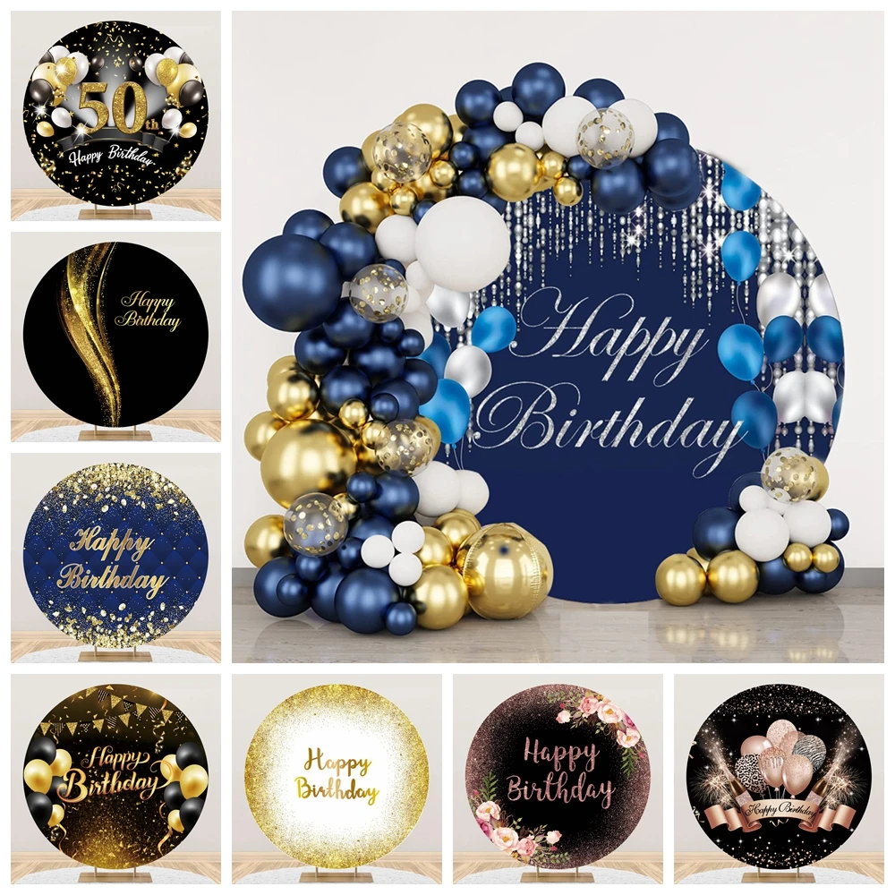 Custom Happy Birthday Round Backdrop Cover for Men Women Boys Girls Navy Blue Rose Gold Birthday Party Circle Photo Background