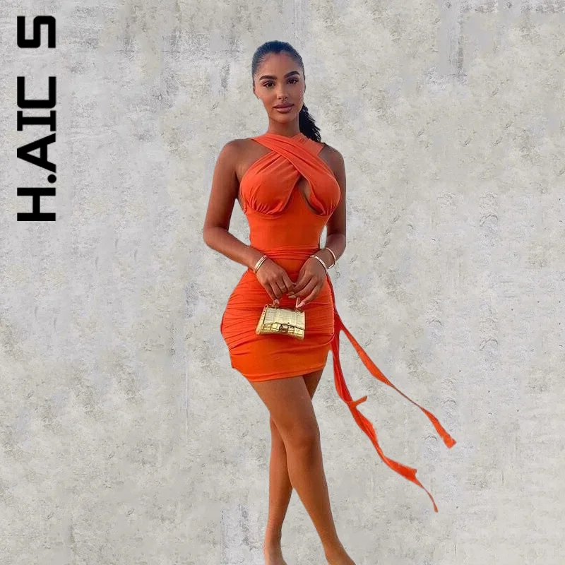 

H.Aic S Fashion Dress Women Sleeveless Bodycon Halter Bandage Ruched Party Dresses Chic Popular Female Vestidos Dress Woman