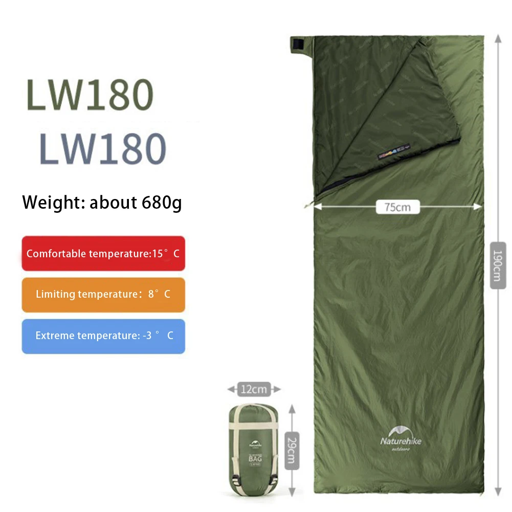 

Naturehike Camping Hiking Envelope Sleeping Bag LW180 Ultralight Waterproof Outdoor Beach Climbing Sleeping Bags Portable