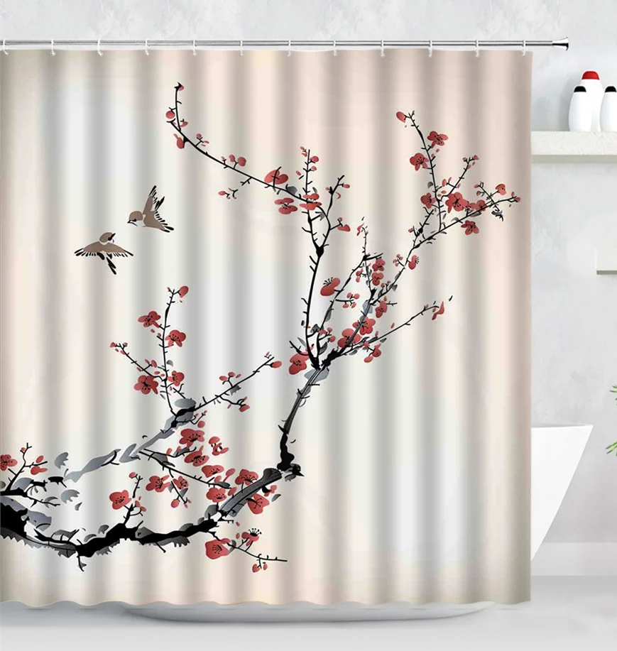 

Ink Plant Flowers Shower Curtain Red Plum Japanese Cherry Blossom Bath Curtains Watercolor Print Modern White Bathroom Decor Set