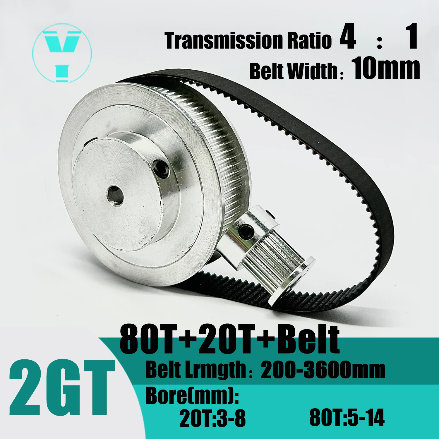 

2GT 2M 80Teeth 20T GT2 20Teeth 80T Timing Belt Pulley Set Belt Width 10mm Bore 3~14mm 4:1 Wheel Synchronous Pulley Belt Kit
