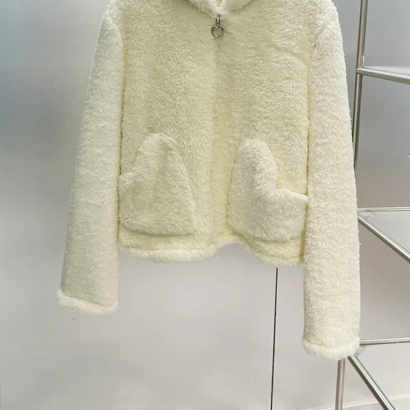 

Женская шерстяная куртка с капюшоном, Элегантная короткая куртка на молнии спереди с кроличьими ушками, модная мягкая теплая верхняя одежда, шикарная Женская одежда, осень-зима 2023