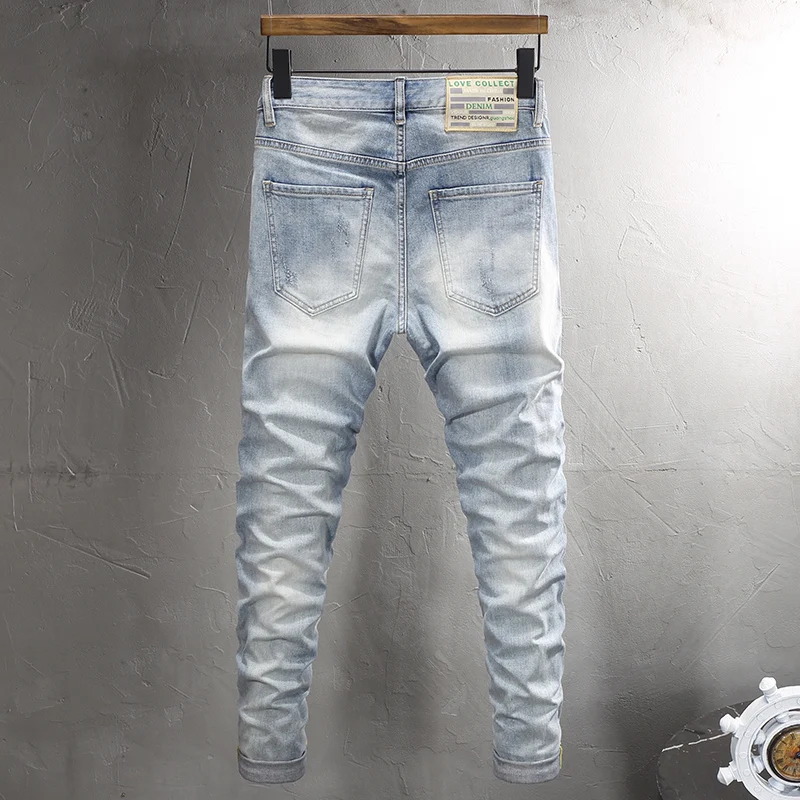 Street Fashion Men Jeans Retro Washed Light Blue Elastic Stretch Slim Fit Ripped Jeans Men Patch Designer Hip Hop Denim Pants