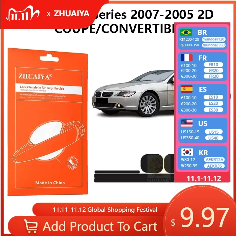 

Защитная пленка ZHUAIYA для красок дверной ручки, ТПУ PPF для BMW 6 серии 2007-2005 2DCOUPE/CONVERTIBLE