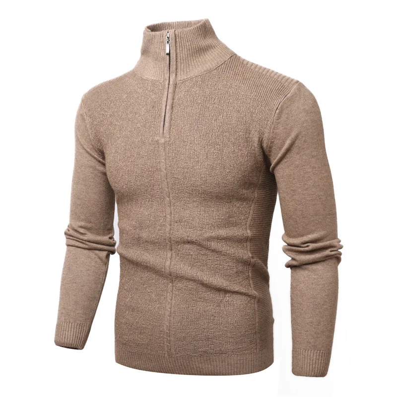 

New Knitted Sweater Pollovers Men Fashion Slim Zipper Mock Neck Knitwear Pullover Men Causal Solid Color Sweater Mens Clothing