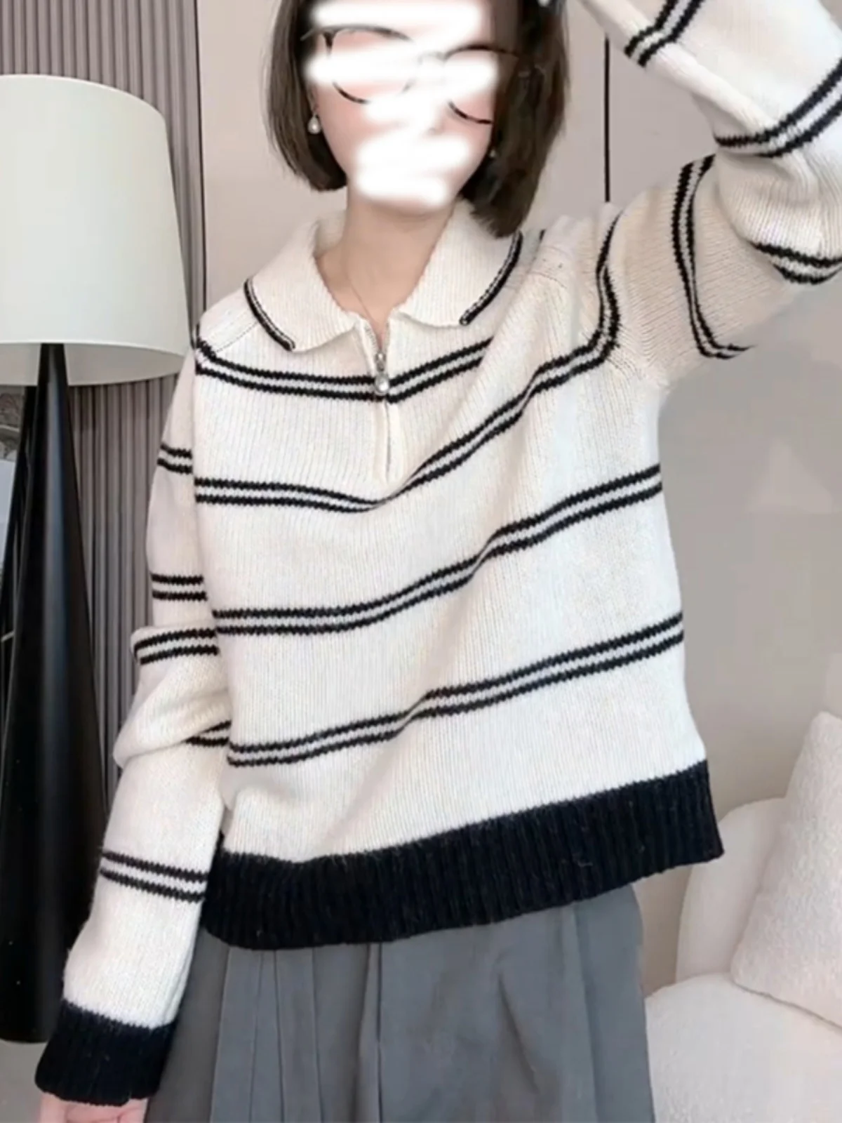 KK · Studio Selected Recommend ~ Korean Series Doll Collar Striped sweater Women Autumn and Winter Loose Lazy Knitted Top