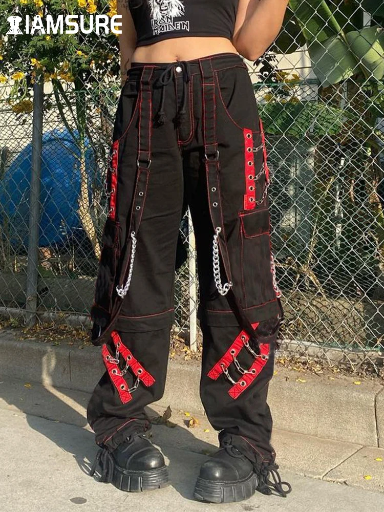 

IAMSURE Dark Big Pockets Pants With Chains Gothic Casual Loose Patchwork Wide Leg Pants Women 2022 Summer Fashion Streetwwear