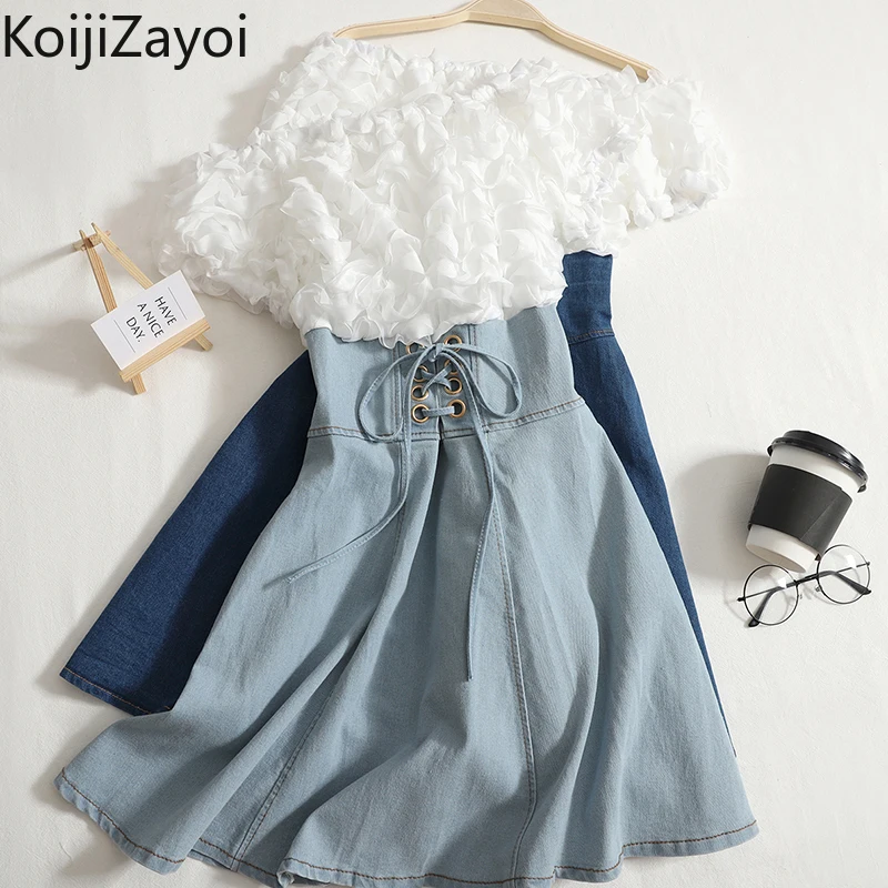 

Koijizayoi Sweet Women Patchwork A Line Dress Short Sleeves O Neck Belted Bodycon Party Dresses Chic 2022 Summer Vestidos New