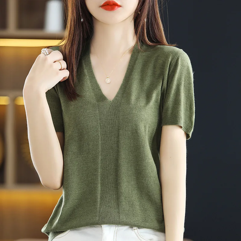 

2022 NEW FASHION WOMEN Solid Color Top Casual V-Neck Summer New Short Sleeves