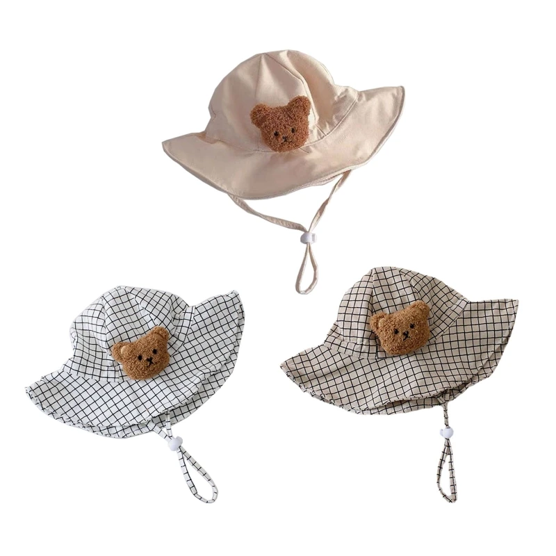 

Fashion Baby Boys Girls Cartoon Bear Adjustable Kids Hats Plaid Style Cap Summer Beach Travel Accessories