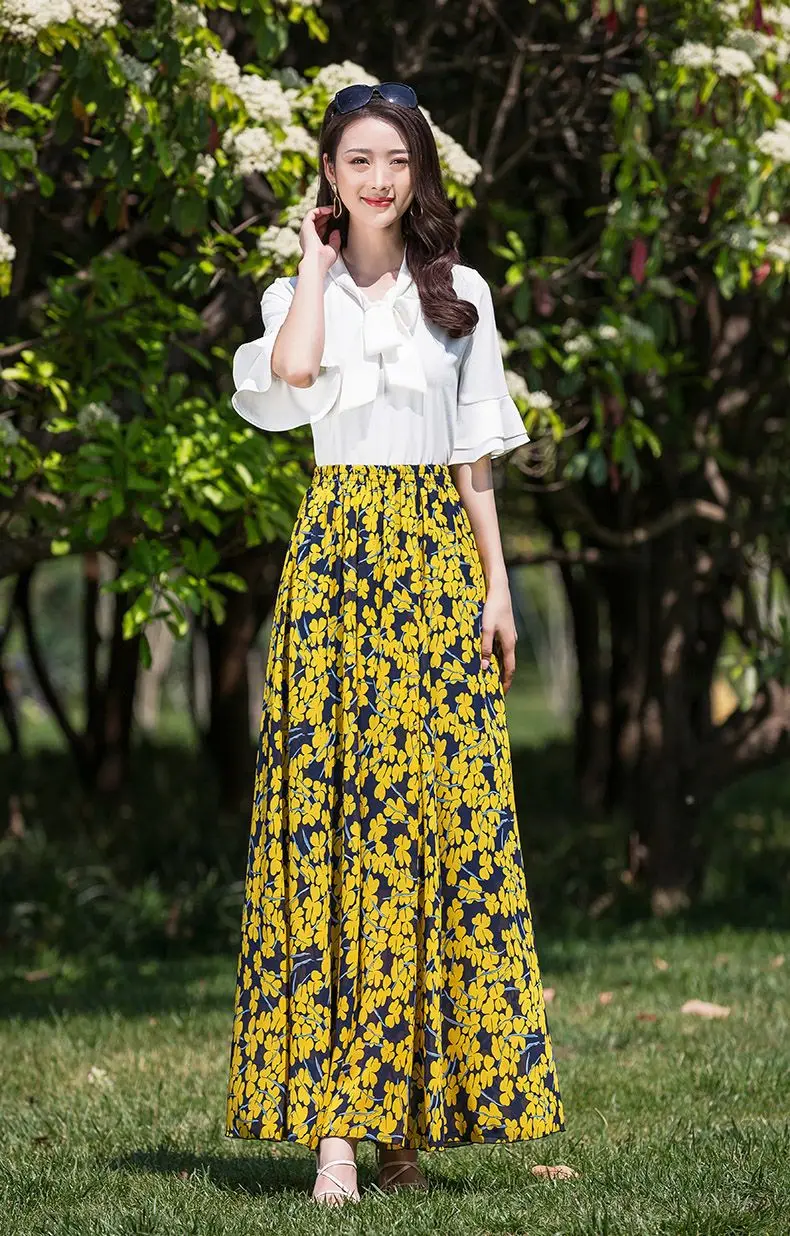 Женская длинная юбка с цветочным принтом шифоновая элегантная трапециевидная