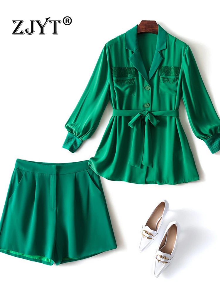 

ZJYT Fashion Women's Long Sleeve Diamonds Shirt and Shorts Suits Autumn Designer Office Casual Outfits 2 Piece Matching Sets