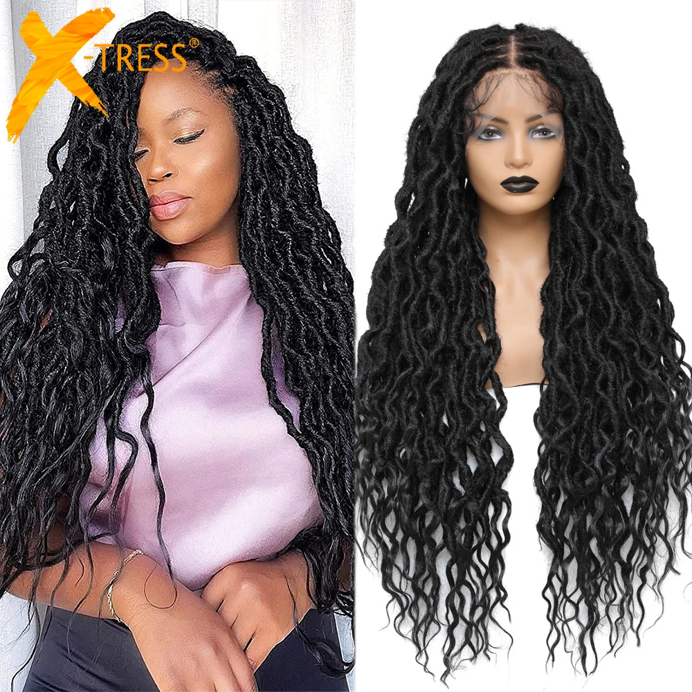 X-TRESS Synthetic Long Braided Wigs For Black Women 13X4 Lace Front Free Part Goddess Faux Locs 32" Lace Wig Natural Daily Use