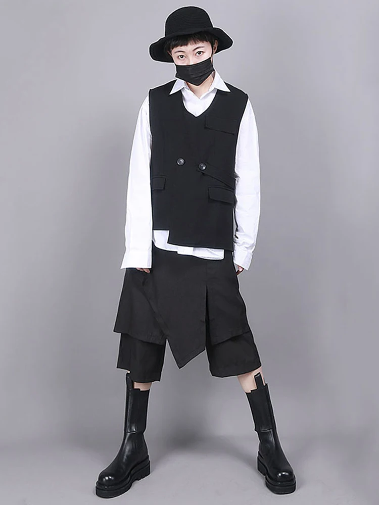 [EAM] Женская свободная черная Асимметричная жилетка большого размера с v-образным