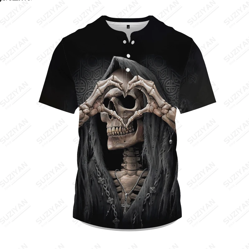 

Men's 3-button T-shirt Skull Heart Print Print T-shirt Summer Large Short Sleeve T-shirt Casual Button Top Cool Funny Men's Top