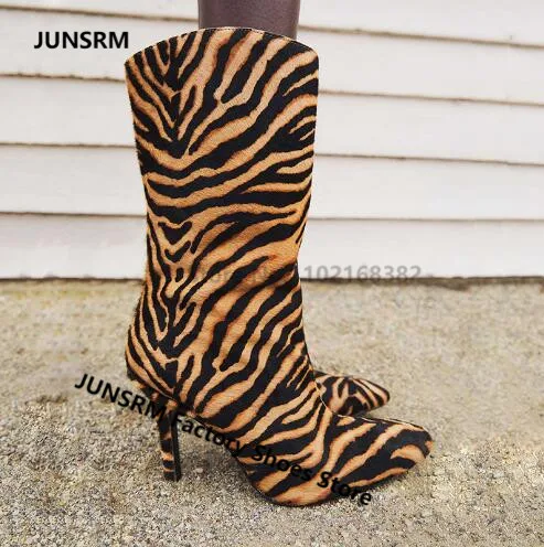 2022 Newest Thin Heels Mid-calf Boots Pointed Toe Brown Leopard Striped Women Suede Bootes Ladies Winter Short Slip On Booties