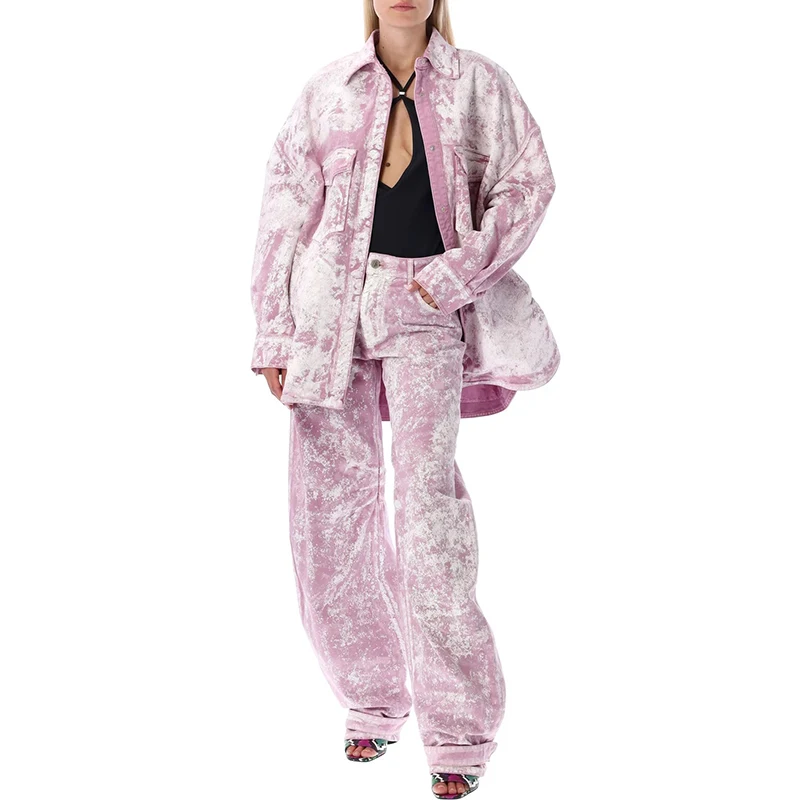 

2022 Summer Luxury 2 Piece Denim Set Women Casual Turn Down Collar Profile Shirt Coat Trendy Pink Print High Waist Profile Pants