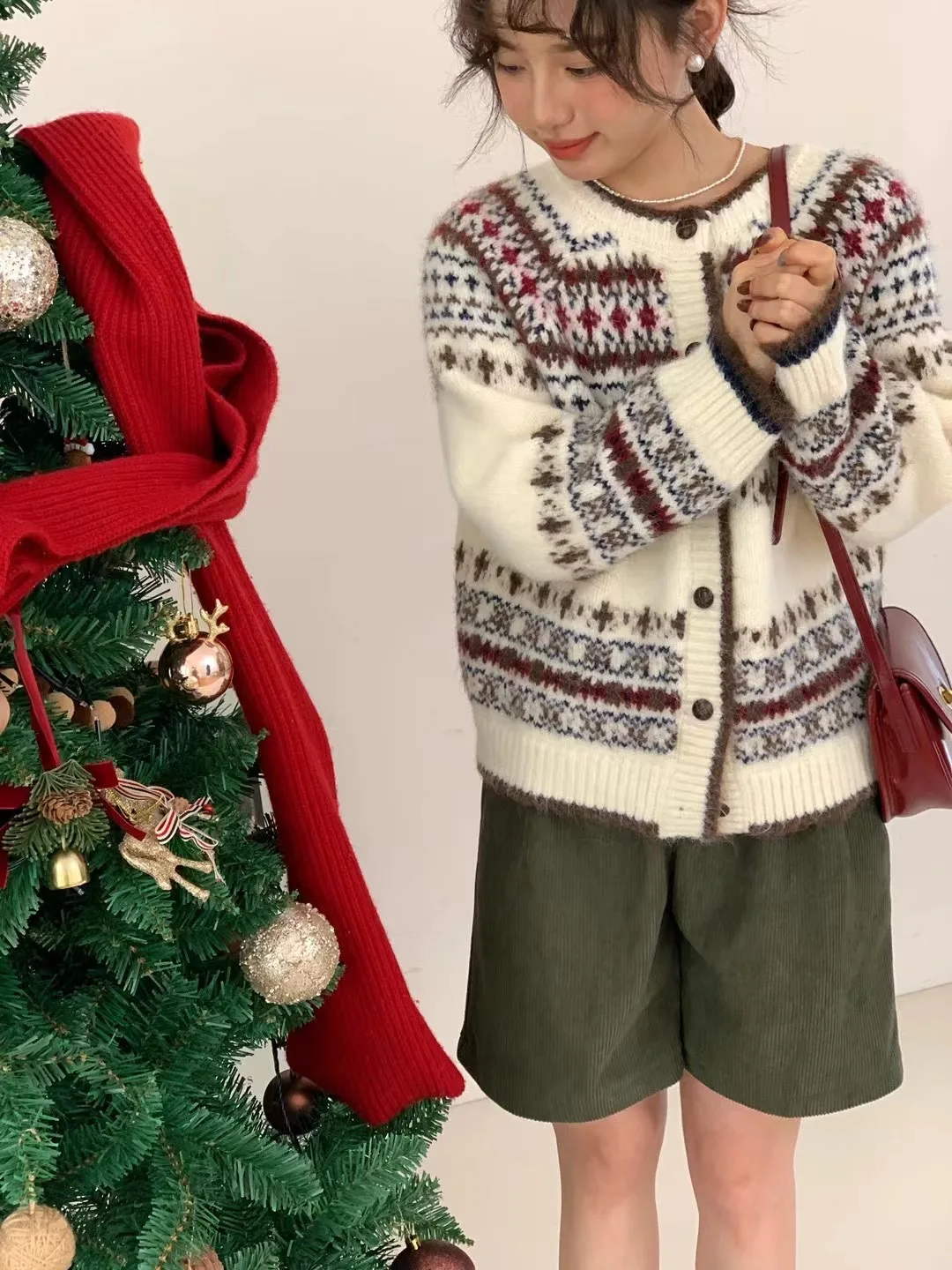 Fairisland жаккардовый однобортный вязаный кардиган в стиле ретро с круглым вырезом