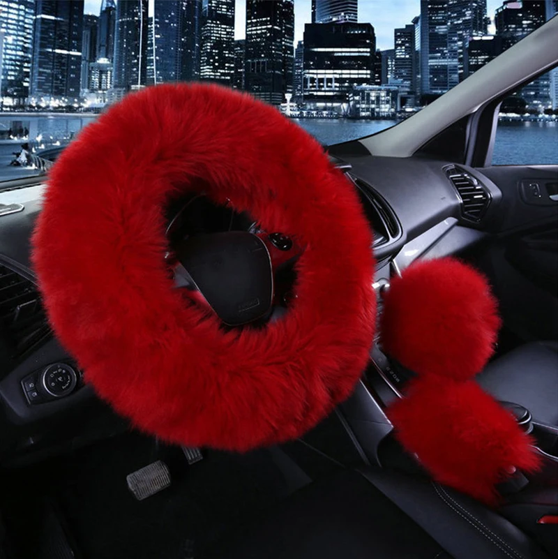 Комплект из 3 меховых овчины чехлов на руль автомобильные плюшевые теплые