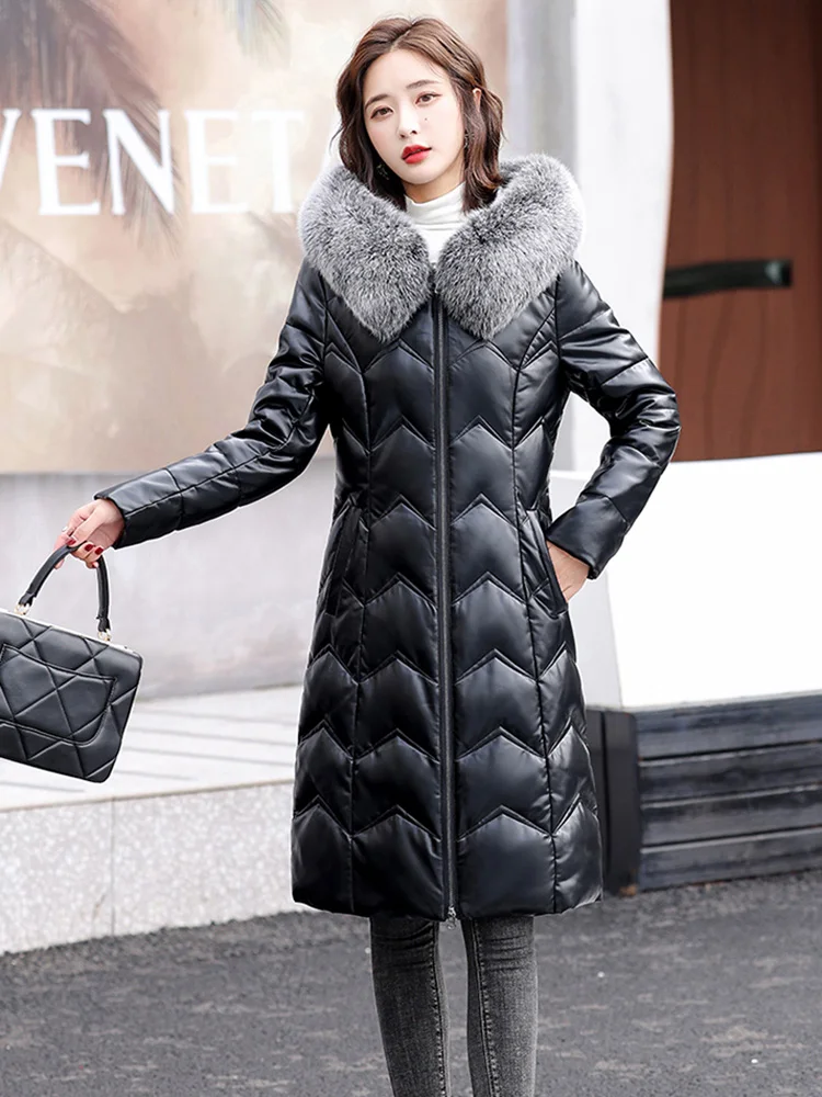 New Women Leather Down Coat Winter Casual Fashion Warm Real Fox Fur Collar Hooded Sheep Leather Down Jacket Slim Long Thick Coat