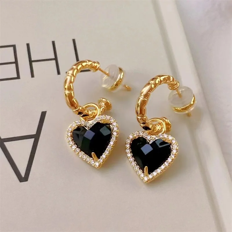 

New Punk Trendy Black Zircon Inlaid Heart Pendant Drop Gold Colour Metal No Fade Earrings for Women Girls Fashion Jewelry Gifts