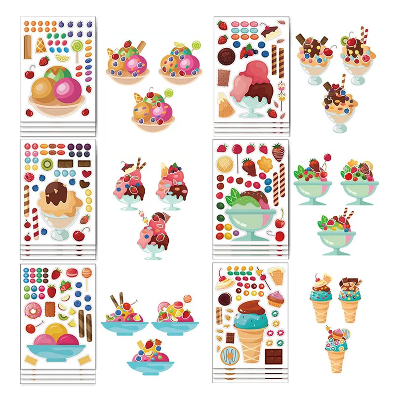 

6-24Sheets Kids DIY Make Your Own Ice Cream Stickers Party Games Toys Creative Match Dessert Decals Puzzle Sticker for Children