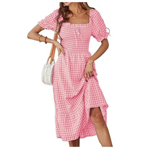 Женское клетчатое платье-миди с коротким рукавом, квадратным вырезом и открытой спиной