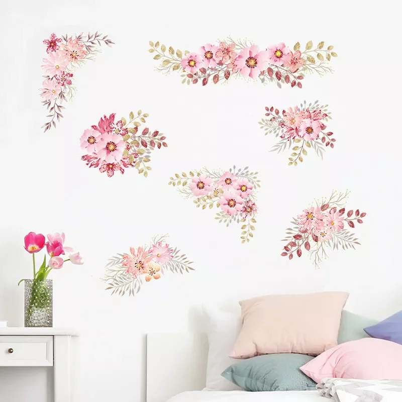 

NEW2022 Pink Flower Cluster Wall Sticker Living Room Bedroom Background Home Decoration Beautiful Wallpaper Removable Beautify S