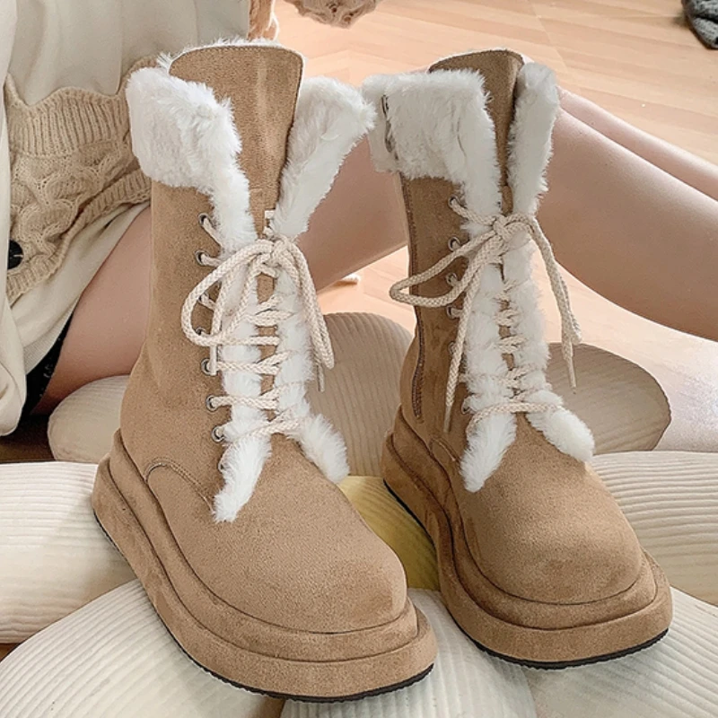 

Suede Women Mid Calf Snow Boots Winter New Trend Platform Flats Shoes Casual Short Plush Boots Zipper Fad Goth Warm Mujer Botas