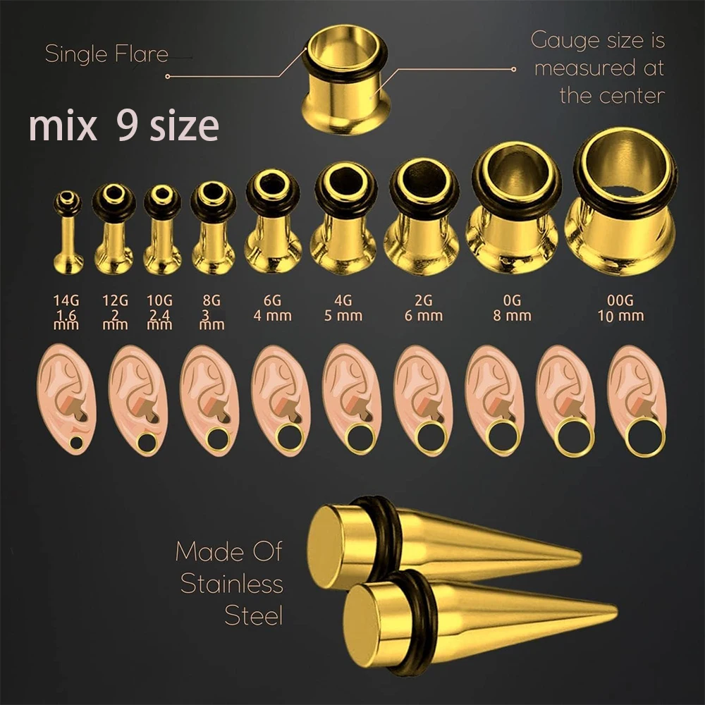 

Mix 9 Size Stainless Steel Gold Color Ear Taper Stretching Kit Gauge Expander Set-18pcs Tapers Or Tunnels Piercing Jewelry