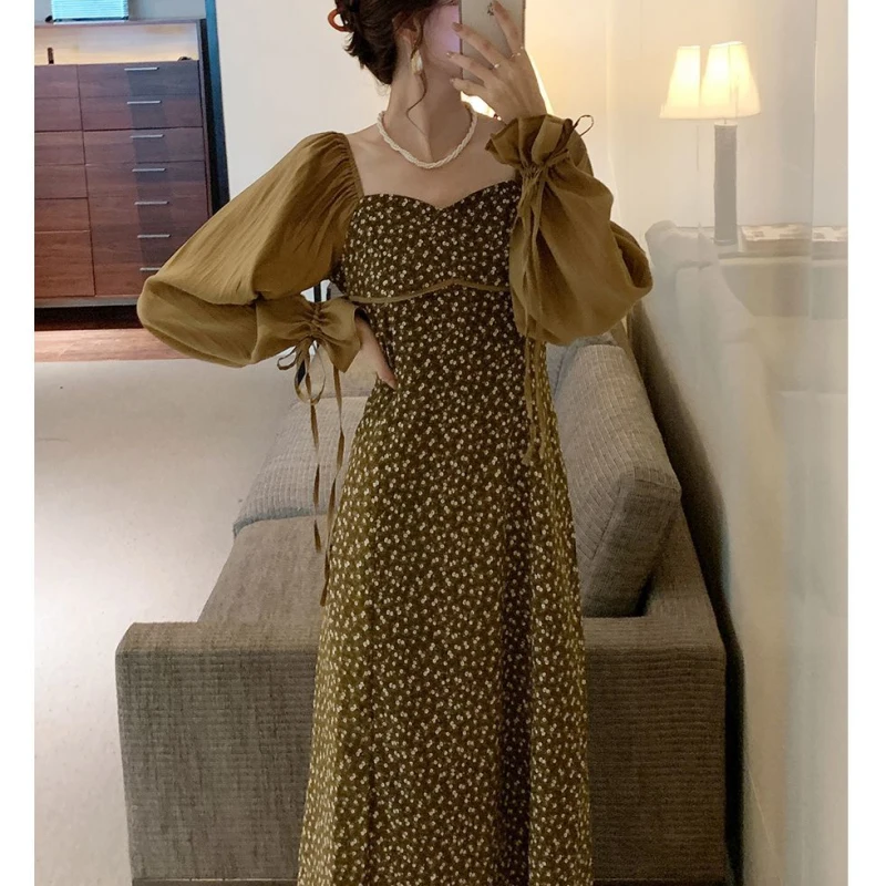 

Новинка весна-осень 2023 французское платье в стиле ретро с цветочным принтом мягкое платье с цветными блокирующими пузырьками рукавами тонк...