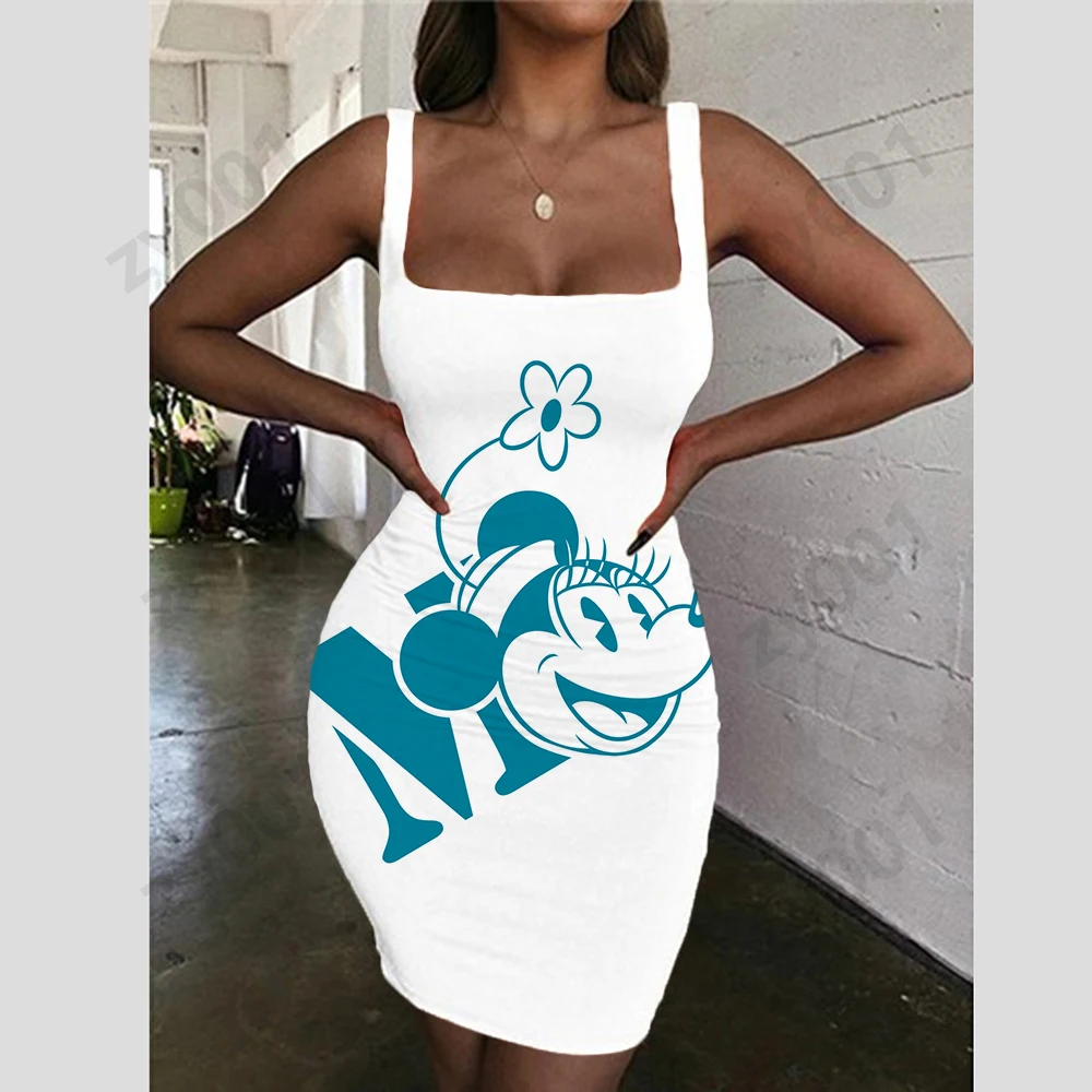 

Fashion Original Hand-painted Cartoon Summer Sling Dress Disney Mickey Top Sling Slim Sexy Sleeveless Print Dress Hot Sale