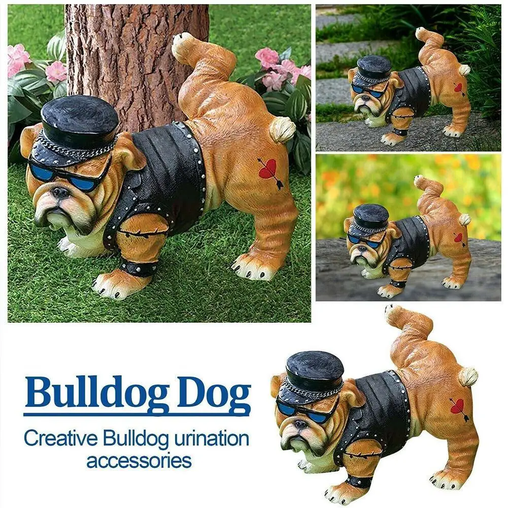 

New Tough Guy Bulldog Peeing Dog Statue With Sunglasses Nordic Creative Funny Animals Gnome Garden Decoration Sculpture 2022