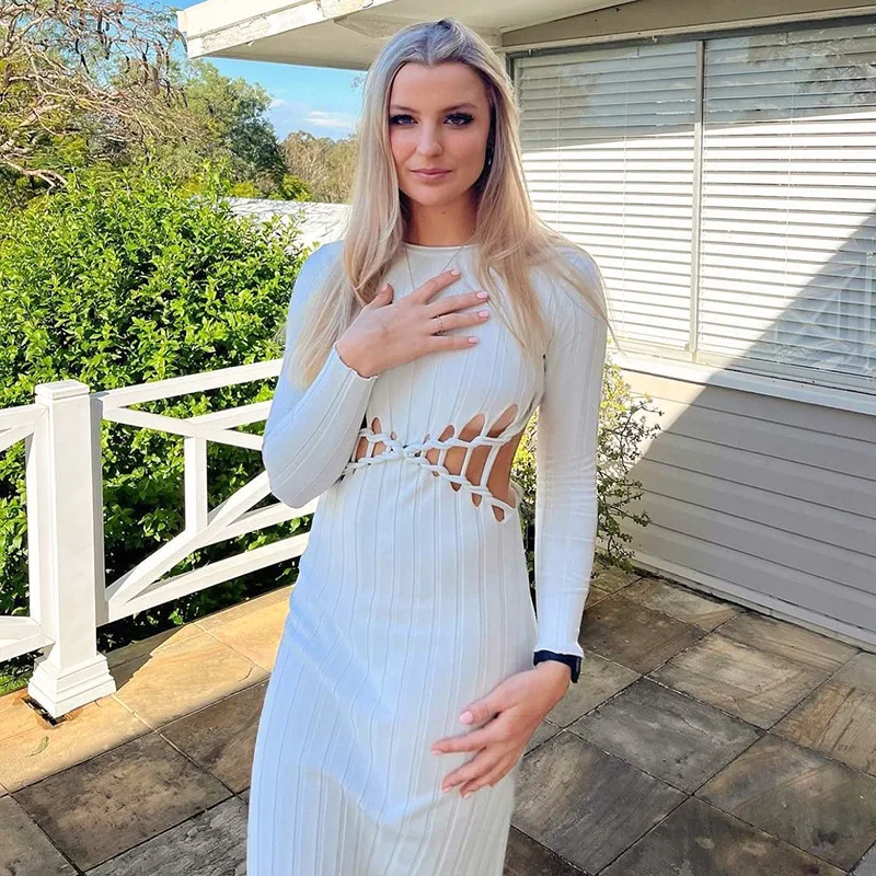 Women's Dress Hollow Out 2022 Autumn Winter Sexy Long Bodycon O-neck Female Evening Dresses Slim Party Club Ladies Vestidos