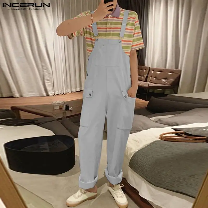 

2023 Men Jumpsuits Solid Color Sleeveless Streetwear Suspender Rompers Loose Multi Pockets Casual Strap Overalls S-5XL INCERUN