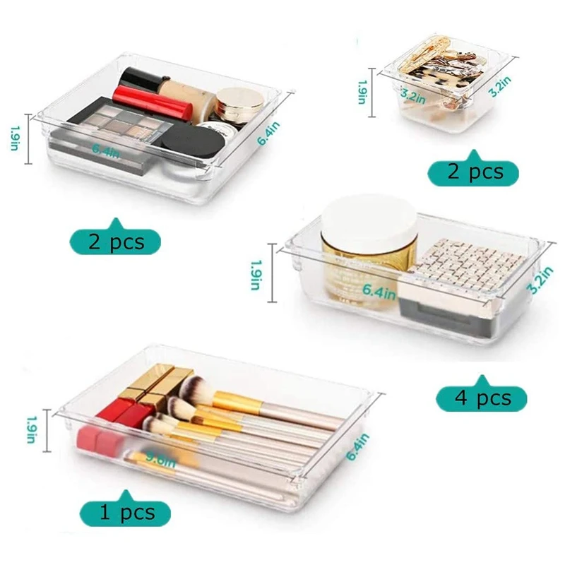 

9 Pcs Clear Drawer Organizer Trays Assorted 4-Size Drawer Dividers, Versatile Storage Boxes Makeup Organiser Set