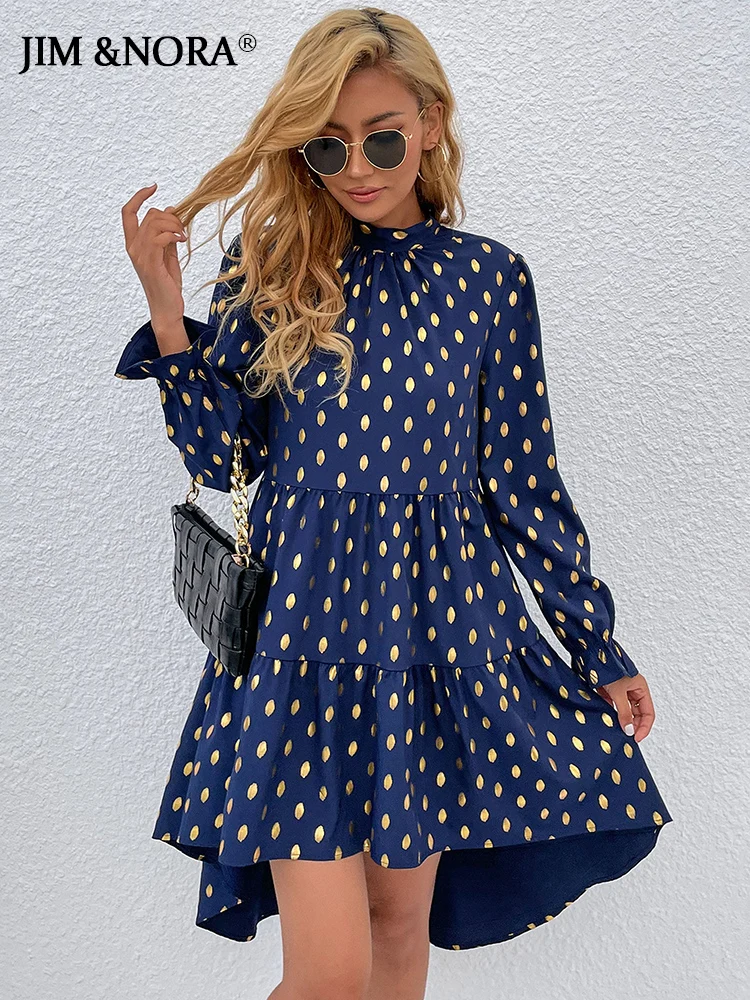 

JIM & NORA Elegant Women Long Sleeve Polka Dot Printed Loose Dress Ladies Autumn Spring Casual Fashion Dresses Pleated Vestidos