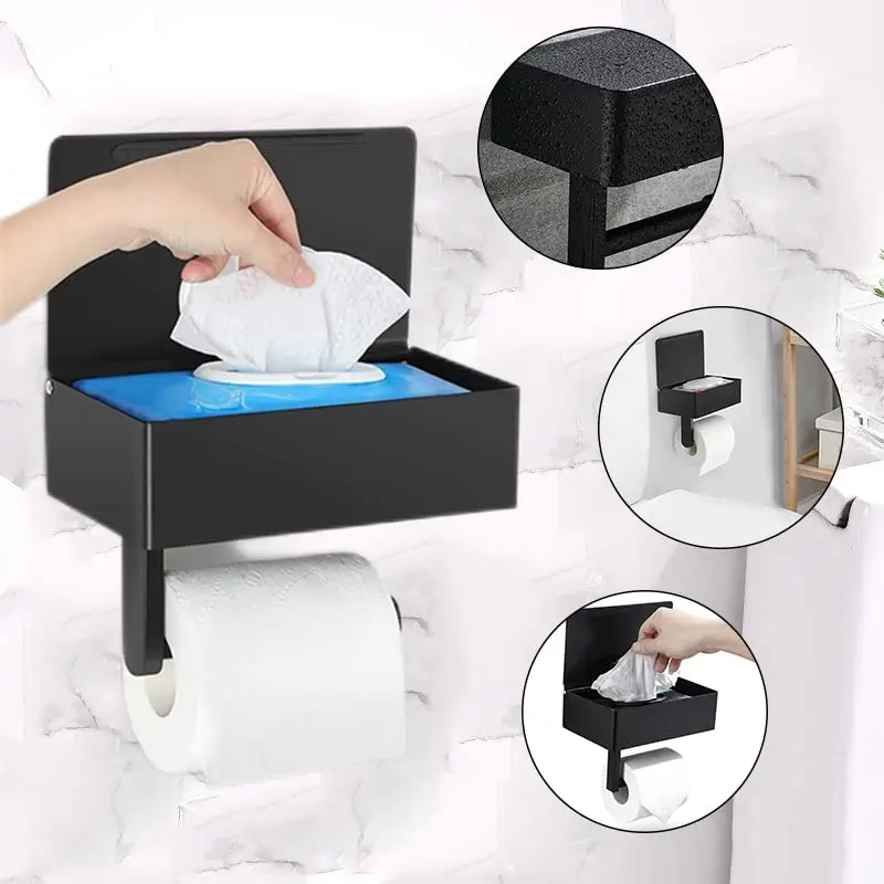 

Toilet paper holder with flushable wipes dispenser for bathroom with wipe holder, adhesive or screw stainless steel wall mount