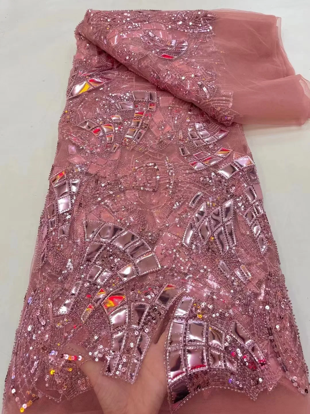 

Роскошная африканская блестящая кружевная ткань с бисером, розовая фототкань, нигерийская Свадебная вышивка, французская Тюлевая кружевная ткань