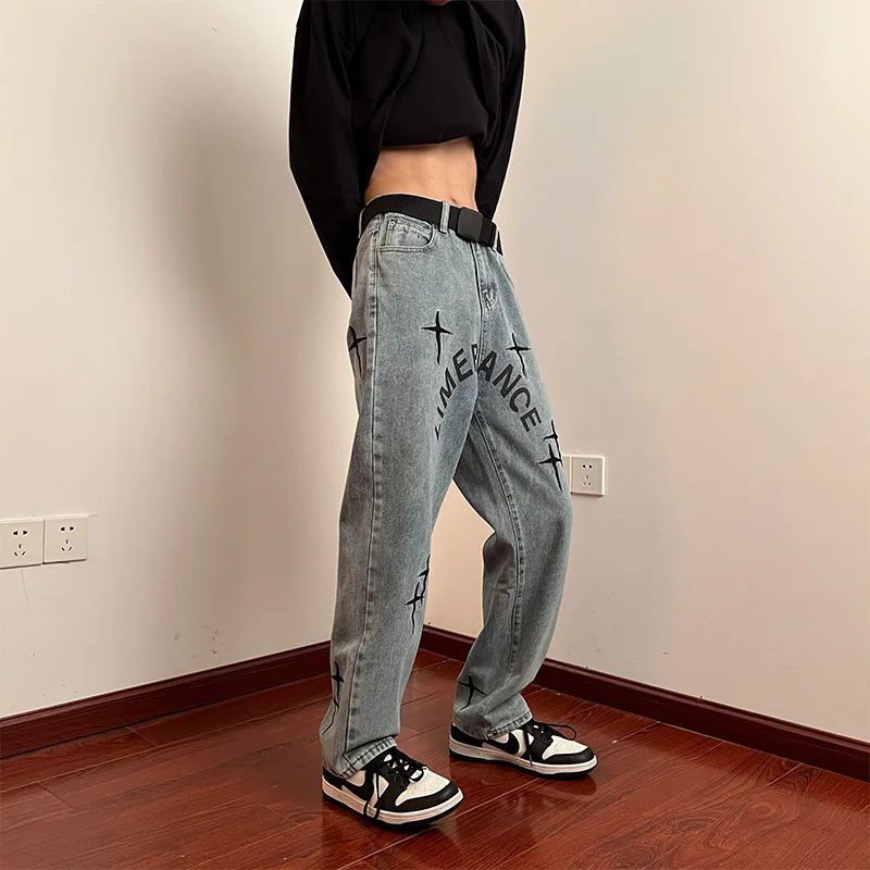 CAAYU 2022 New Baggy Jeans Mens Fashion Harajuku Loose Korean Streetwear Straight Wide Leg Pants Male Clothing Blue Pants Mens