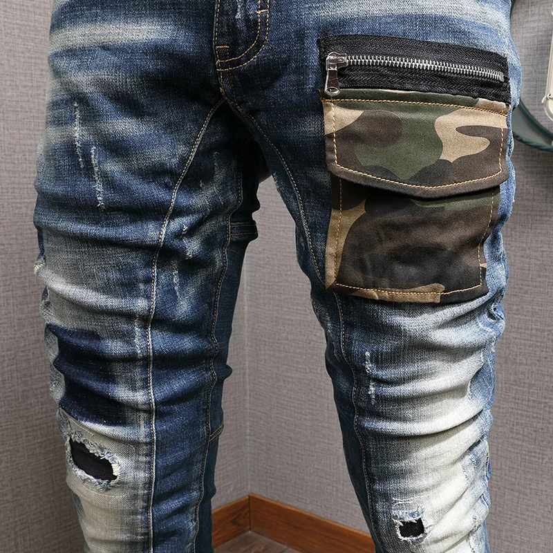 Street Fashion Men Jeans Retro Washed Blue Elastic Slim Fit Ripped Jeans Camo Pocket Designer Spliced Hip Hop Denim Pants Hombre