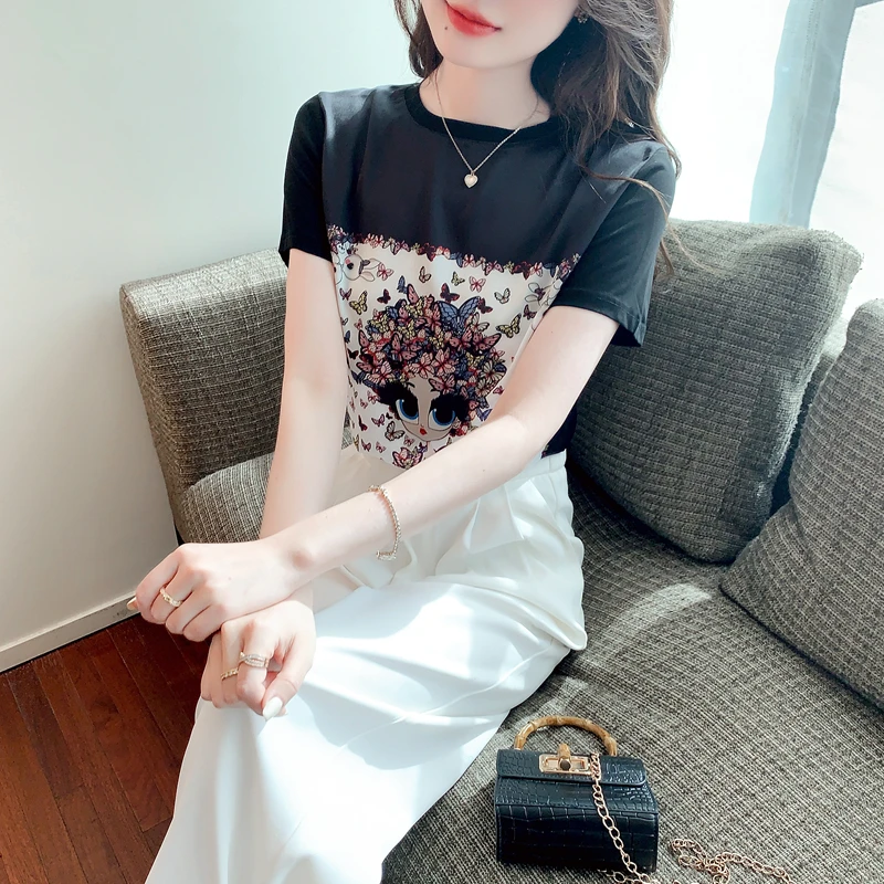 

2023 Летняя женская Стильная футболка с мультяшным принтом и коротким рукавом, женские повседневные свободные черные футболки MQ291