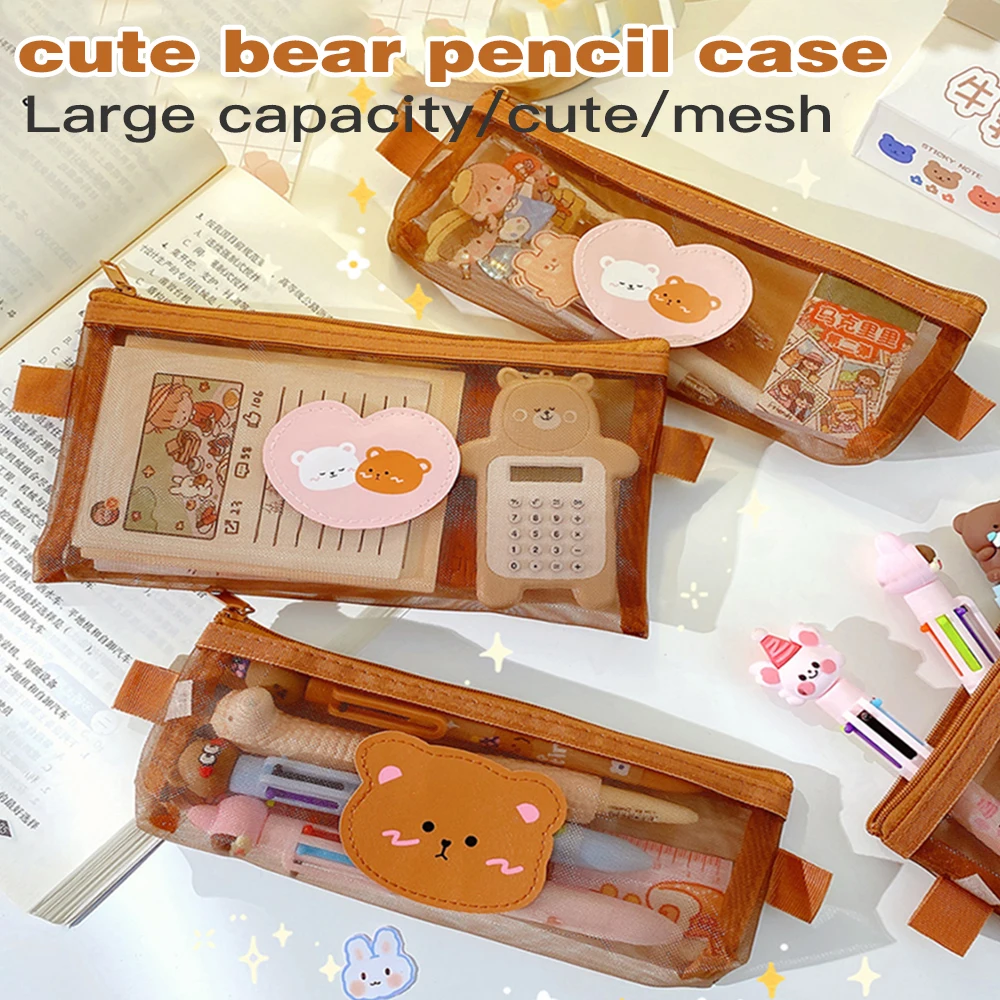 

Kawaii Shy Bear Pencil Case Transparent Mesh Pouch Storage Pen Bag Large Capacity Organizer Stationery Schoo Office Supplies
