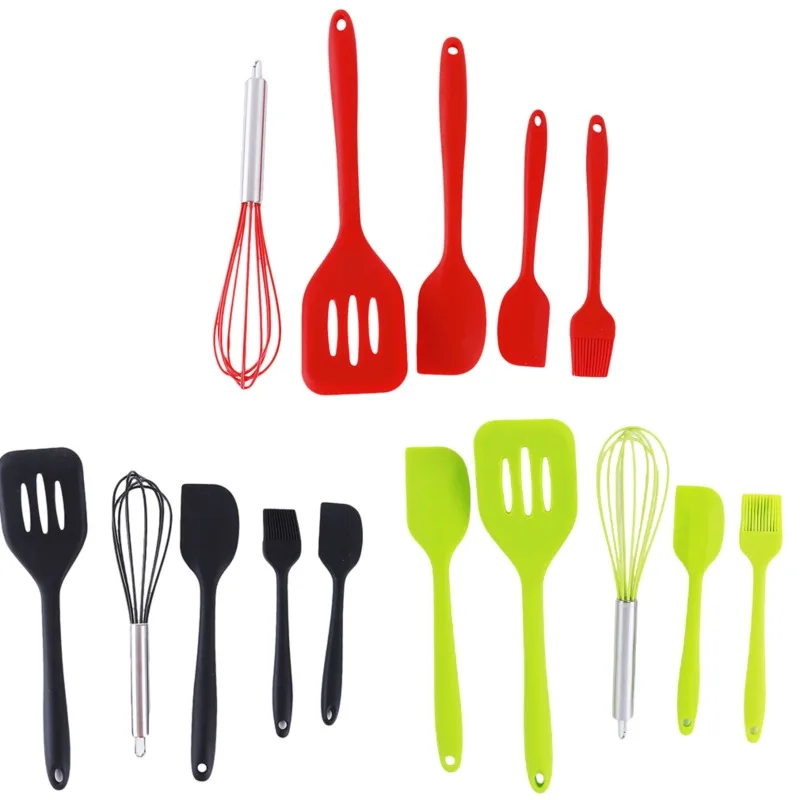 

Silicone Kitchenware Cooking Utensils Set Non-stick Cookware Spatula Shovel Egg Beaters Wooden Handle Kitchen Tool 5 Piece Set