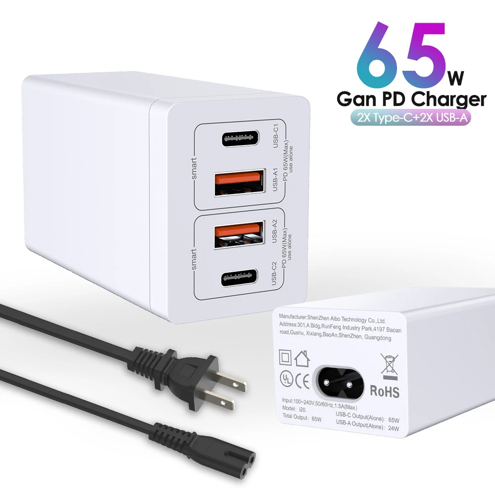 

65W 4 Port USB Charging Hub Quick Charger QC4.0 QC PD3.0 PD Type-C USB Wall Charger For Smartphone Tablet Laptops US/EU/UK Plug