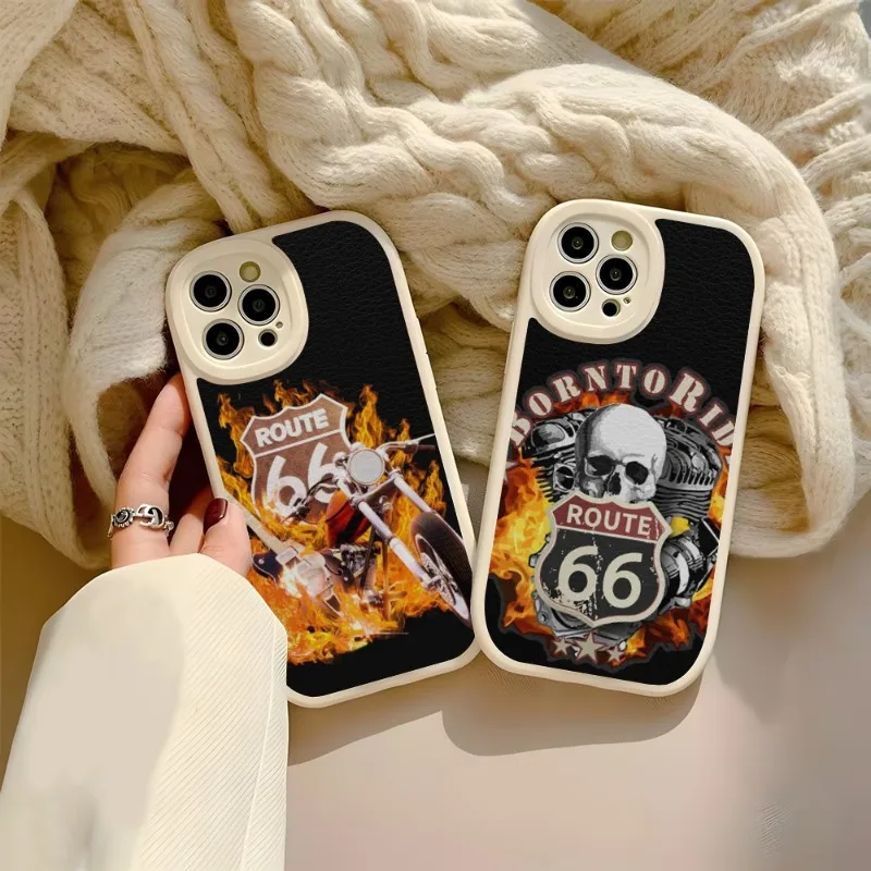 

America R-Route 66 Phone Case Silicone Soft For IPhone 12 13 14 11 Pro Max Mini Xs X Xr 7 8 Plus SE2020 Leather Texture Coque