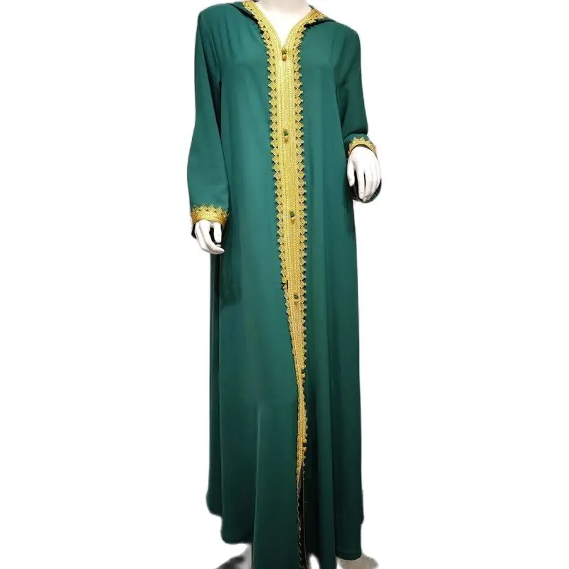 Women's Jalabiya Ramadan Green Hooded Ethnic Muslim Fashion Dress Kaftan Abaya Dubai Turkey Moroccan Arabic Clothes