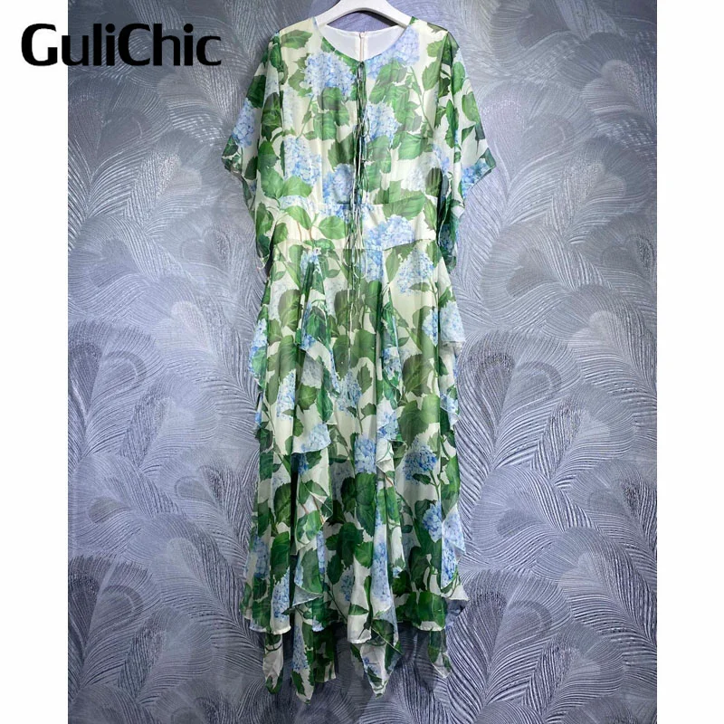 

6.10 GuliChic High Quality Fashion Design Round Neck Lace-Up Flower Print Irregularity Ruffles Hem Holiday Dress Women