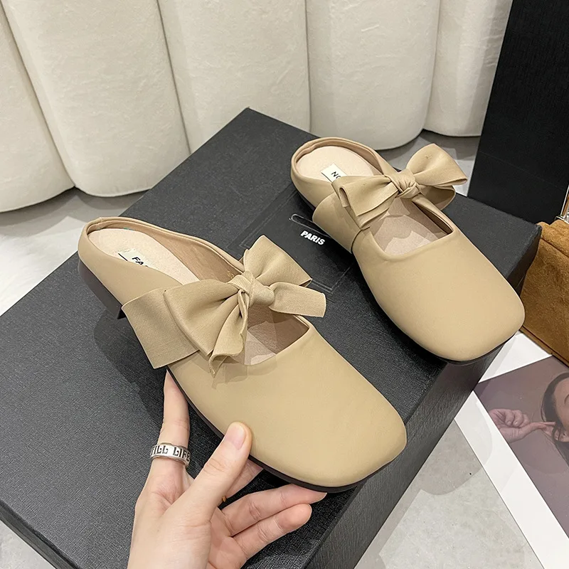 

Мюли женские с бантом-бабочкой, повседневные однотонные шлепанцы на плоской подошве, квадратный носок, летняя Уличная обувь, 2023