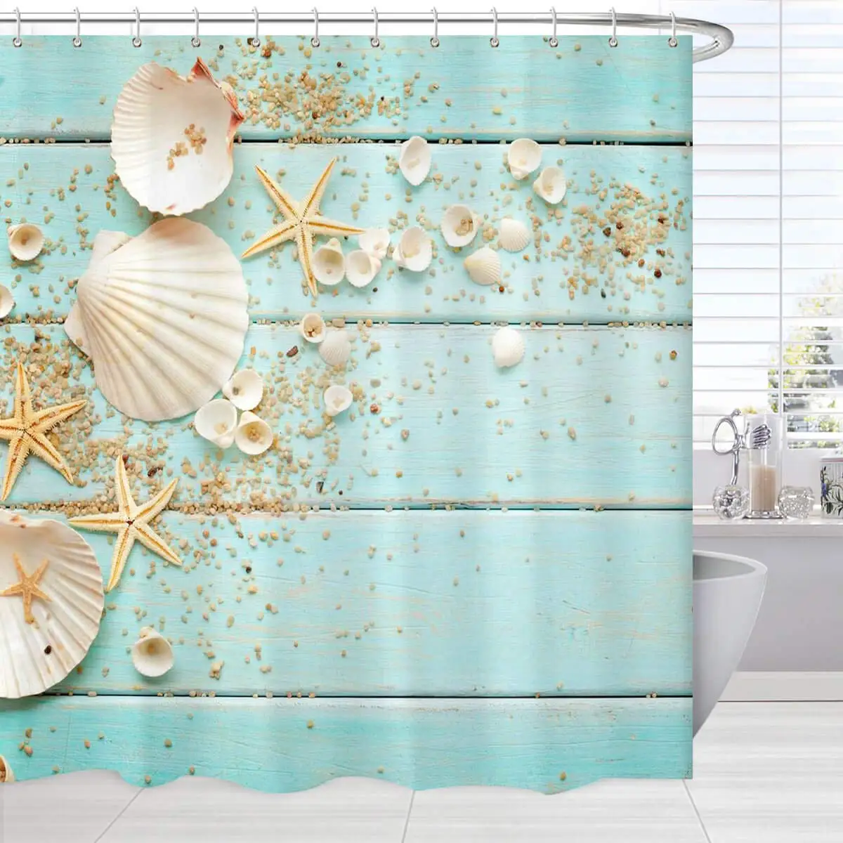 

Beach Shower Curtain Coastal Shower Curtains with Hooks Seashells Starfish on Teal Blue Bath Curtain Set Ocean Bathroom Decor